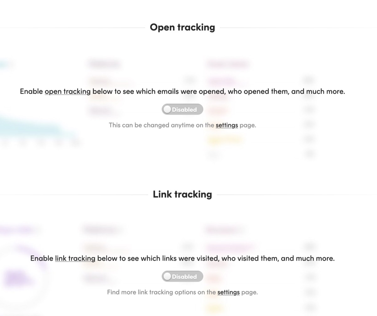 Postmark settings for this newsletter: open tracking and link tracking, both disabled